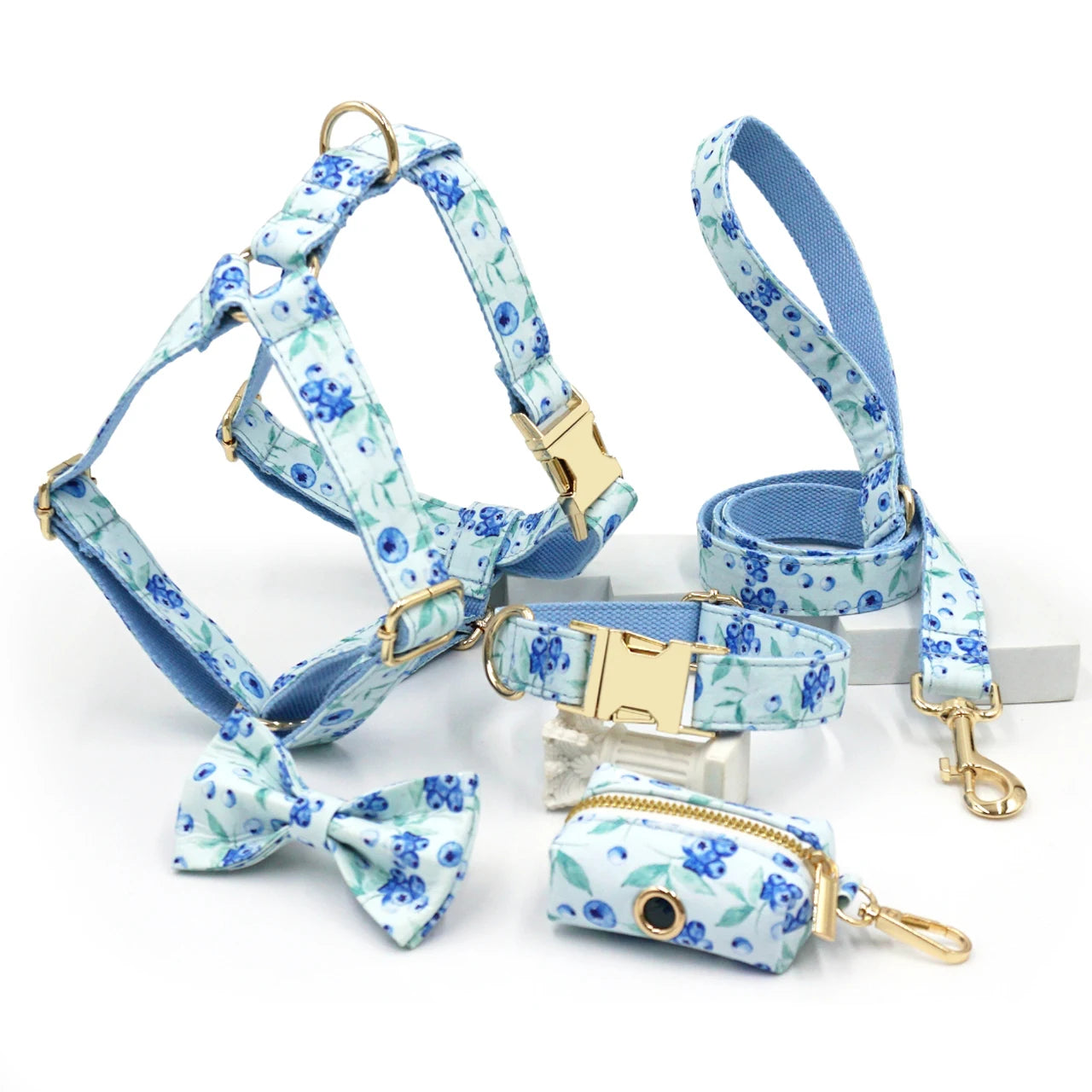 Dog Harness and Leash Set Mesh Padded Soft Pet Harness for Small Dogs Blueberry Pattern Luxury Custom Name Dog Collar Adjustable