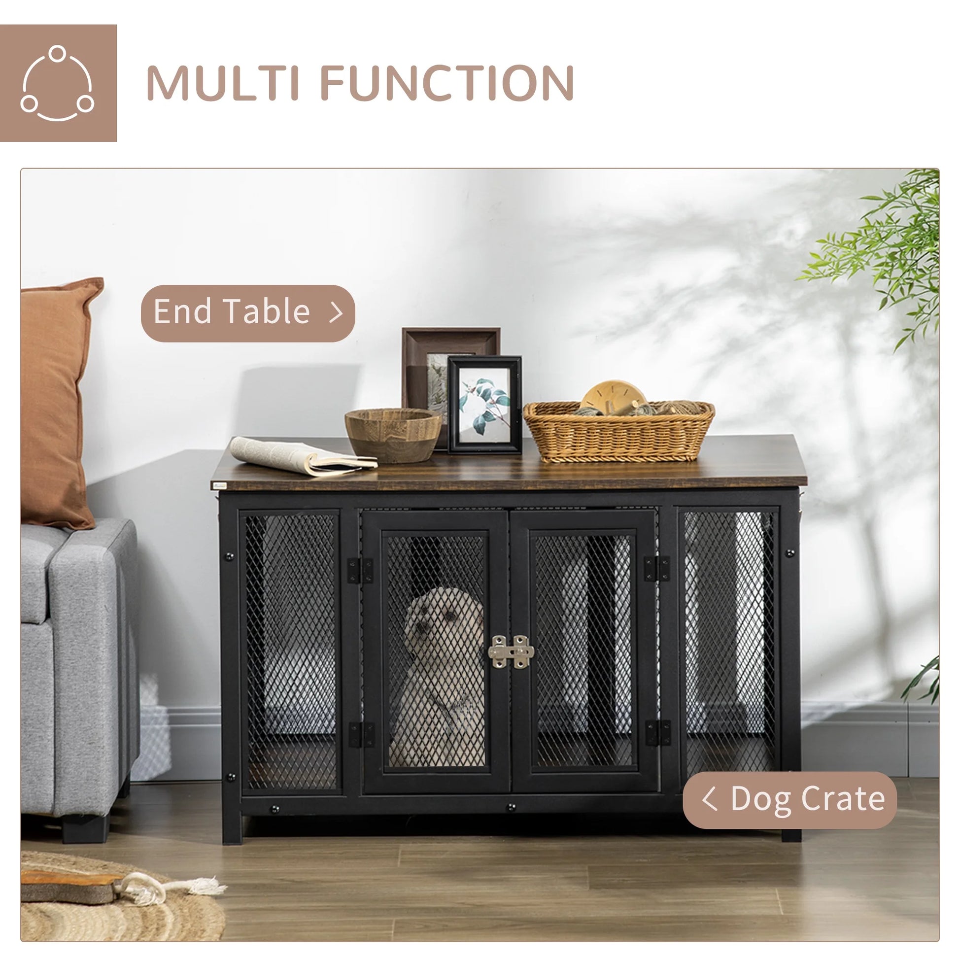 Furniture Style Dog Crate with Openable Top, Big Dog Crate End Table, Puppy Crate for Small Dogs, Spacious Interior, Pet Kennel, Brown, Black