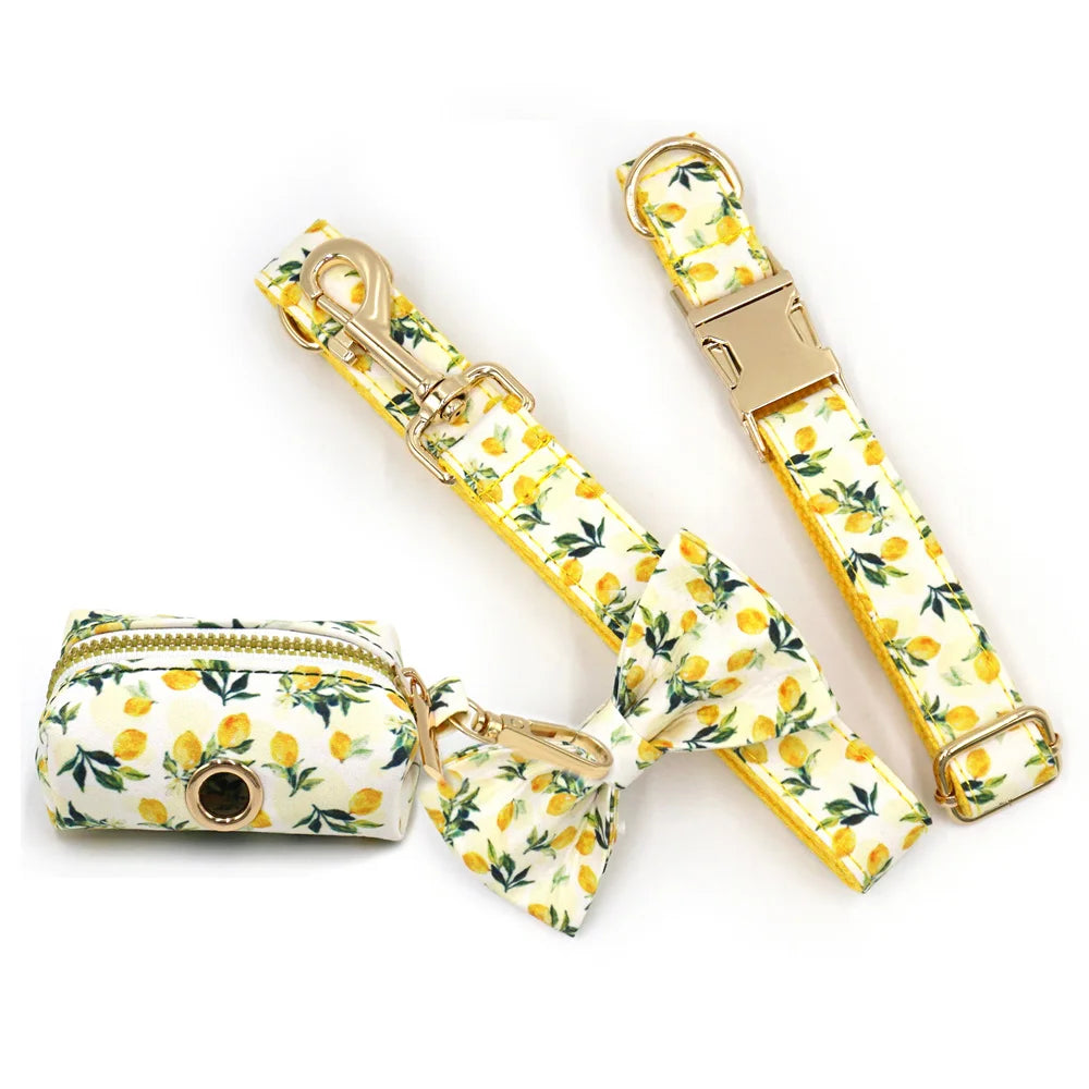Personalized Pet Collar for Cats Small Medium Large Dogs Lemon Printing Luxury Designer Bow Dog Collar & Leash Set with Poop Bag