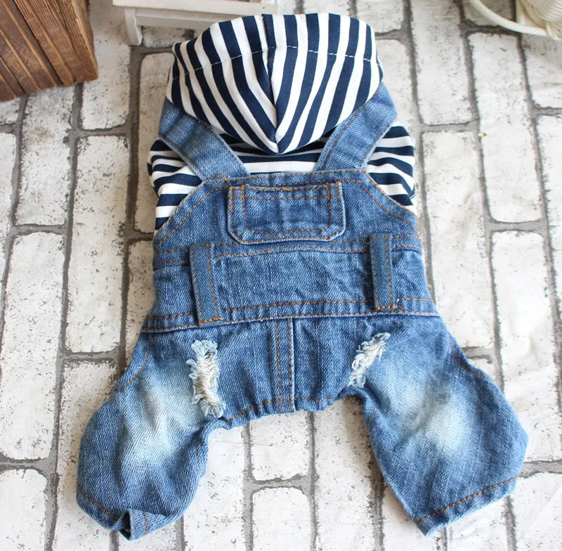 Dog Denim Jumpsuits Striped Plaid Puppy Cat Hoodie Overalls Yorkie French Bulldog Clothes Jean Jacket Pet Outfits for Small Dogs