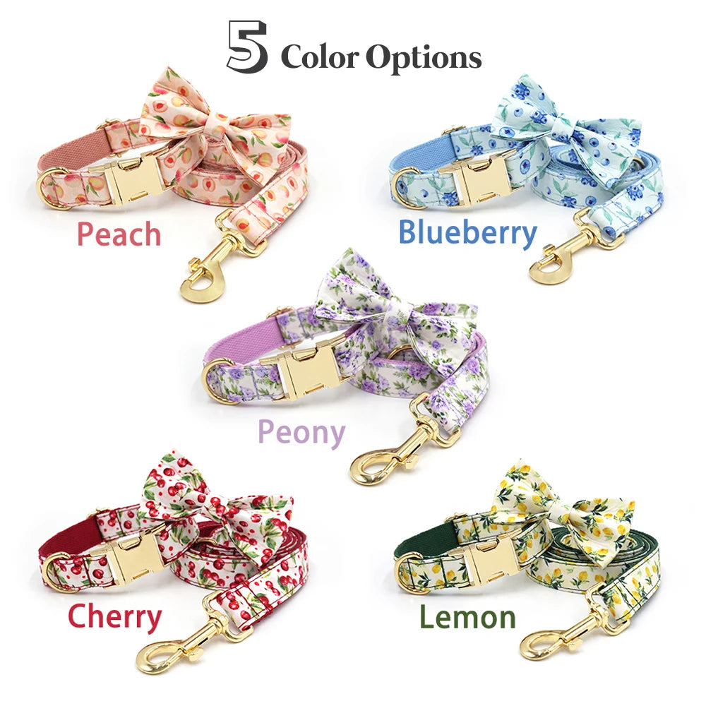 Personalized Pet Collar for Cats Small Medium Large Dogs Lemon Printing Luxury Designer Bow Dog Collar & Leash Set with Poop Bag