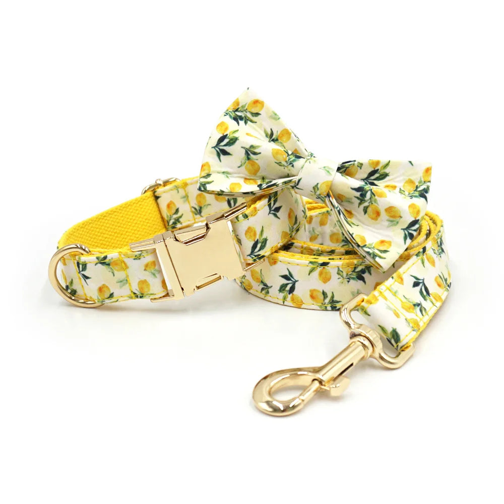 Personalized Pet Collar for Cats Small Medium Large Dogs Lemon Printing Luxury Designer Bow Dog Collar & Leash Set with Poop Bag