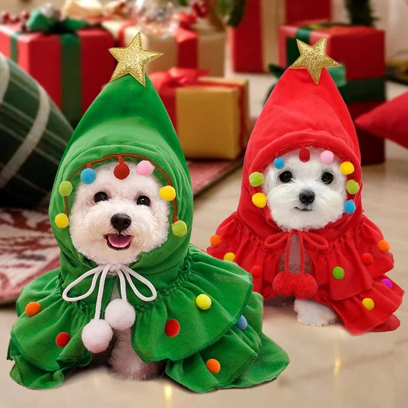 Small Dogs Christmas Costume Autumn Winter Warm Cloak Christmas Tree Cosplay Funny Pet Cape Dress Up Clothes Props Decor