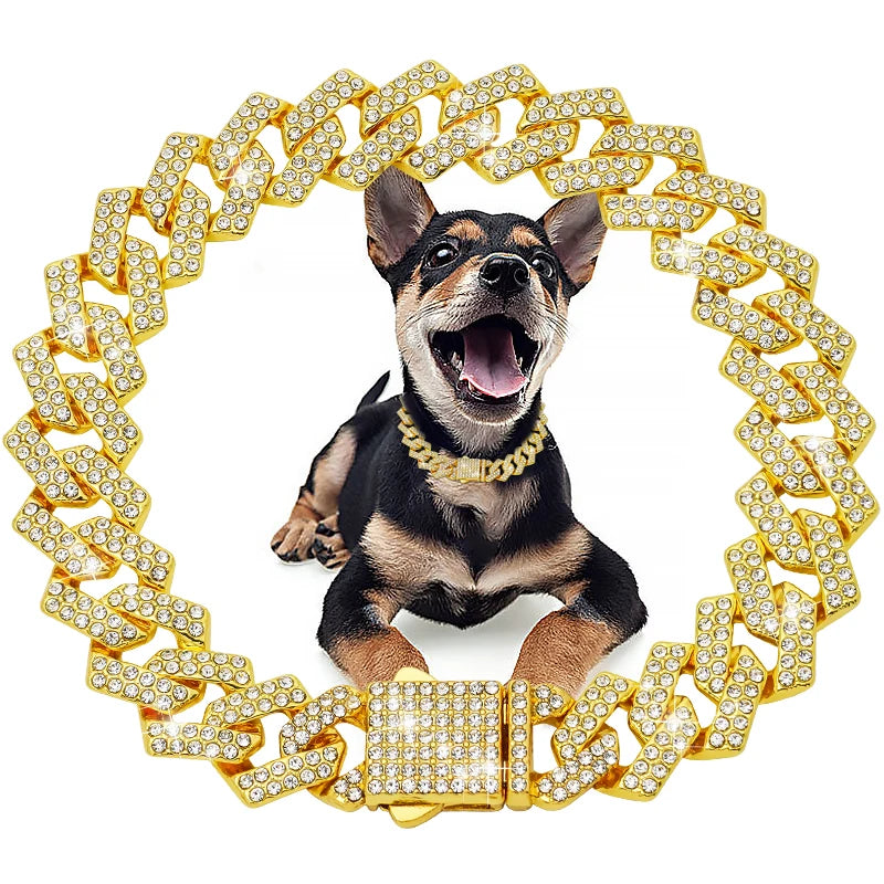15MM Wide Diamond Luxury Necklace for cat dogs Bling  Jewelry Dog Chain Collar Cuban link Gold Chains for small medium Dogs pet