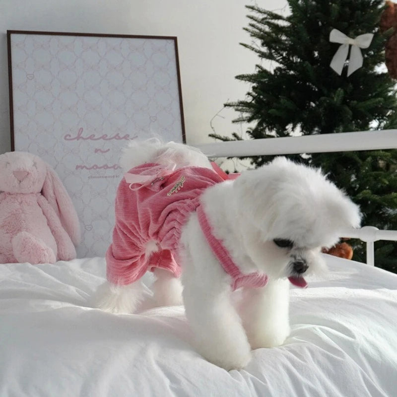 Pet Corduroy Overalls Butterfly Tie Jumpsuit Autumn and Winter Puppy Two Legged Clothes Teddy Cat Four Legged Pants