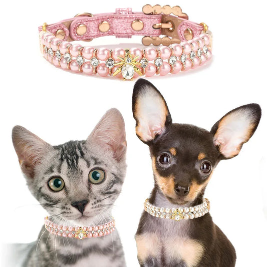 Pet Cat Pearl Collars with Luxury Crystal Rhinestone Diamond, Adjustable PU Leather Collar Necklace for Cats Small Medium Dogs