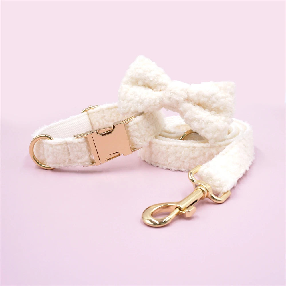 White Teddy Fleece Personalized Dog Harness and Leash Set Luxury Designer Dog Collar for Small Dogs Cute Puppy Collar Poop Bag