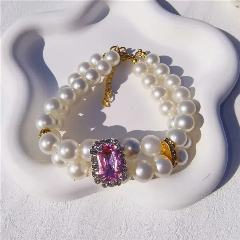 Pearl Dog Collar Necklaces Luxury Bling Rhinestones Wedding Collar Crystal Jewelry for Dogs Cat Clothes Costume Pet Accessories
