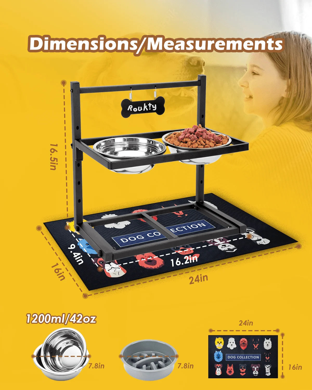 Elevated Dog Bowls with Slow Feeder,Adjusable Height Raised Dog Bowl Stand with 2 Stainless Steel 1200ML Dog Food Bowls, Dog Bowls with Mat for Small Medium Large Dogs and Cats