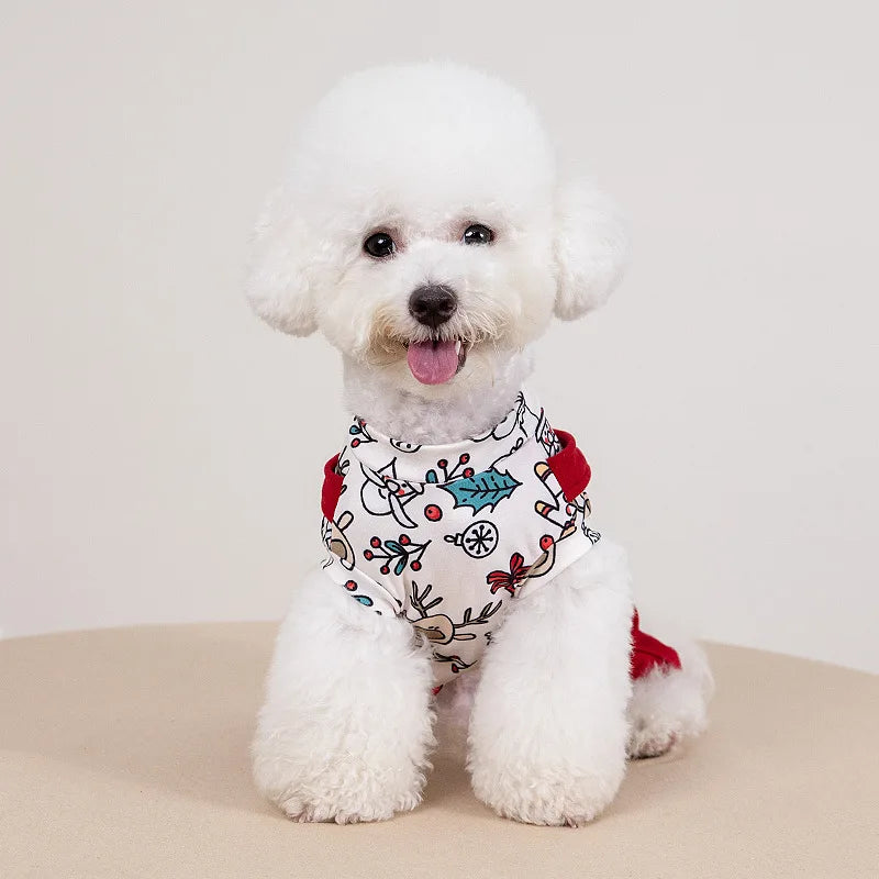 Pet Christmas Jumpsuit Pet Autumn and Winter Overalls Warm Teddy Jacket Dog Pajamas Puppy Clothes Four Legged Pants