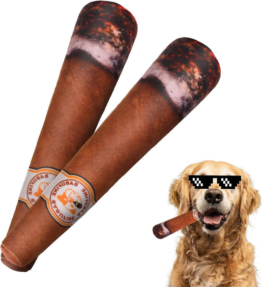 Funny Cigar Dog Toys, 2 PCS Interactive Toy with Squeaker, Cute Plush Squeaky Dog Toys, Dog Birthday Gifts for Puppy Medium Small and Large, Happy Hour Chewing Dog Toy, Durable and Safe Dog Chew Toy
