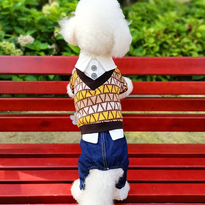 Knit Sweater Vest Costumes For Dogs With White Shirt Denim Pants Overall Small Puppy Animal Jumpsuit Jeans Pet Casual Suit Sets