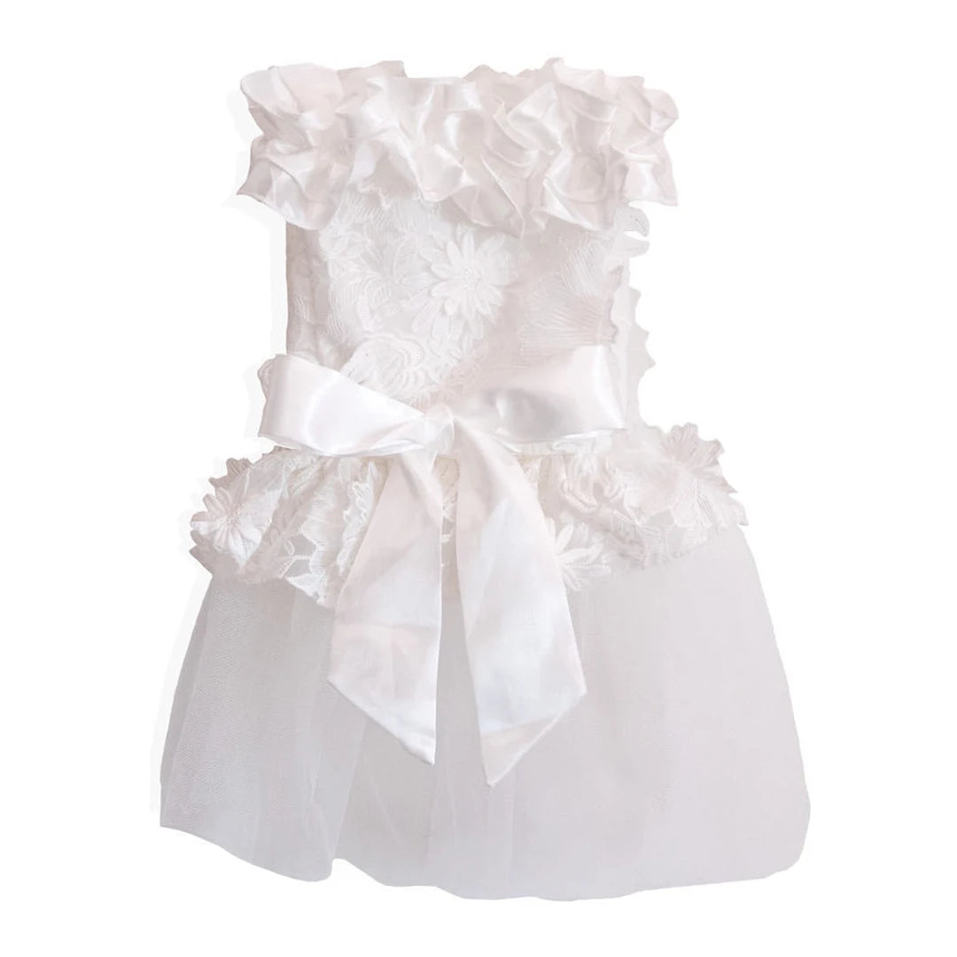 Luxury White Lace Ruffles Wedding Dress with Big Ribbon Bow