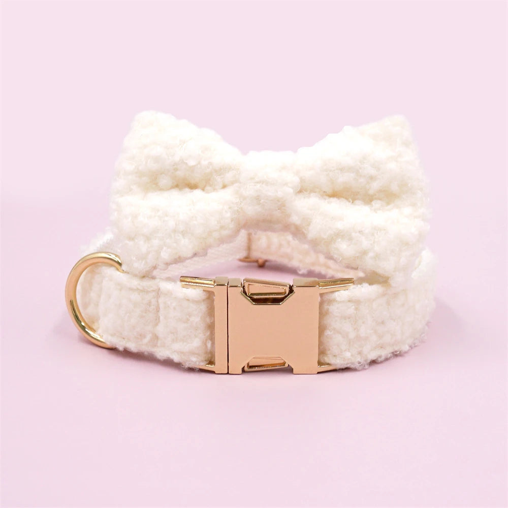 White Teddy Fleece Personalized Dog Harness and Leash Set Luxury Designer Dog Collar for Small Dogs Cute Puppy Collar Poop Bag