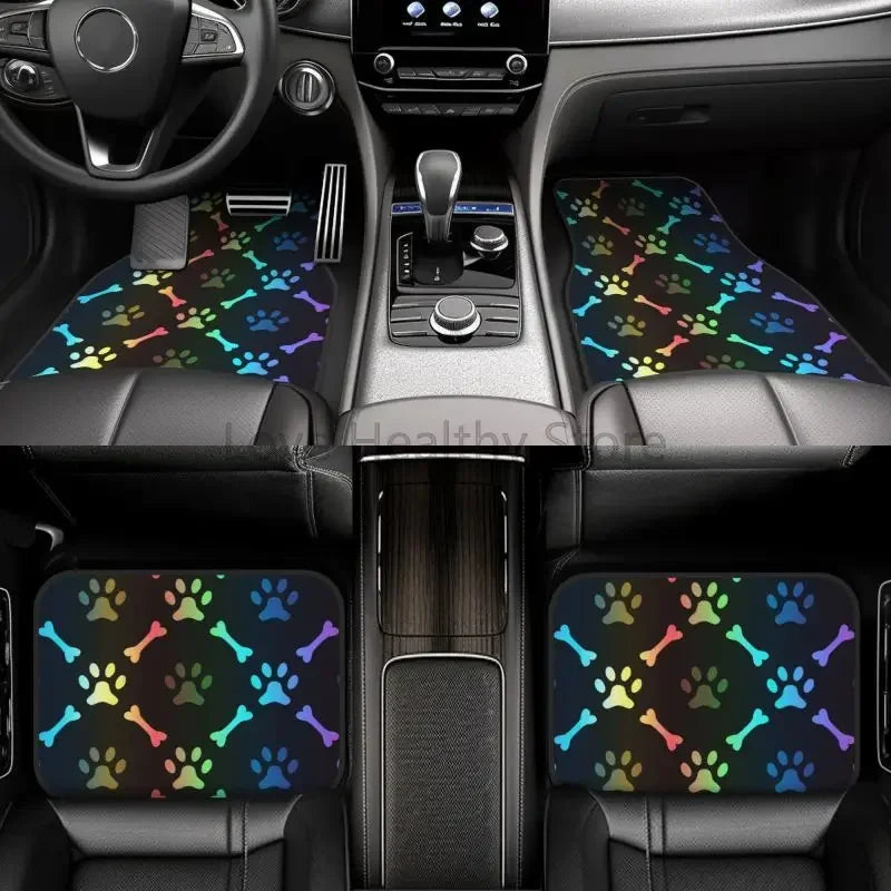 Rainbow Dog Paw Print Car Floor Mats Set of 4 Vehicle Front and Rear Foot Mats Non-Slip Car Accessories Universal for Car SUV