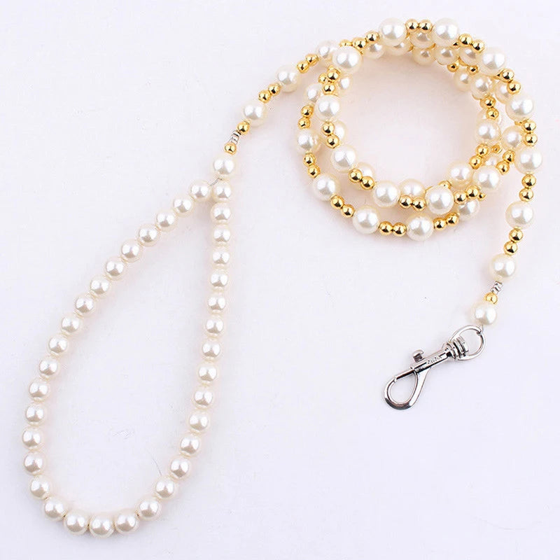 Luxury Pearls Beads Dog Leash Chain for Pets White Gold Leash for Dog Walking Dog Cat Collar Accessories Products for Small Dogs