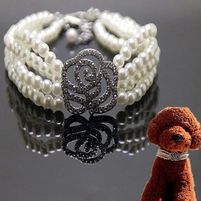 Luxury Dog Collar Flower Necklace Four-Rows Pearl Diamond Dog Accessories Rhinestone Chain Collars For Dog Neck Decor 20/25/30cm