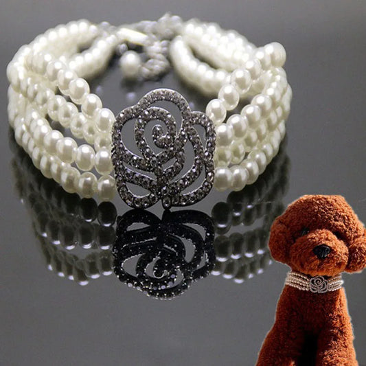 Luxury Dog Collar Flower Necklace Four-Rows Pearl Diamond Dog Accessories Rhinestone Chain Collars For Dog Neck Decor 20/25/30cm