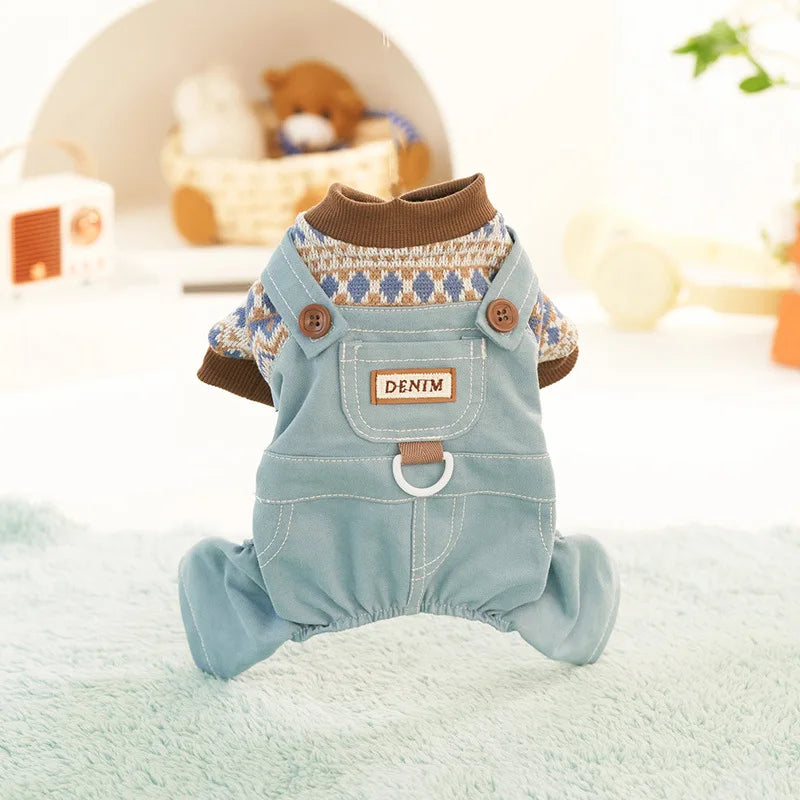 Pet Autumn and Winter Contrasting Overalls Single-layer Four Legged Pants Set Cute Dog Jumpsuit Pet Pajamas Puppy Clothes