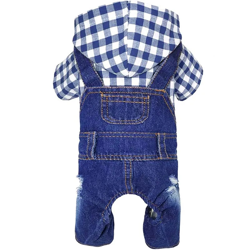 Dog Denim Jumpsuit Spring Overalls for Dogs, Plaid Shirts Jeans Pants Suit One-piece Small Dogs Clothes Yorkie Pet Apparel
