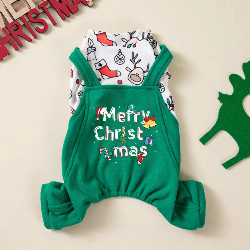 Pet Christmas Jumpsuit Pet Autumn and Winter Overalls Warm Teddy Jacket Dog Pajamas Puppy Clothes Four Legged Pants