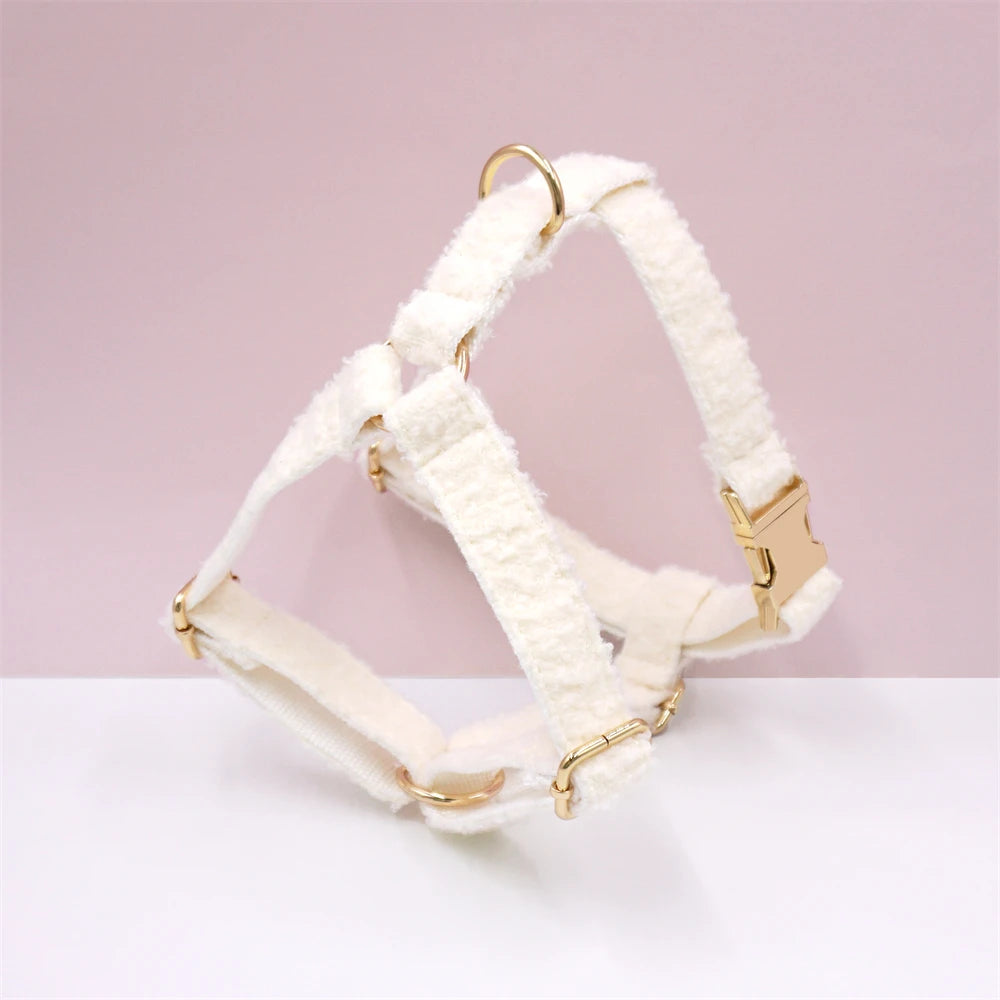 White Teddy Fleece Personalized Dog Harness and Leash Set Luxury Designer Dog Collar for Small Dogs Cute Puppy Collar Poop Bag