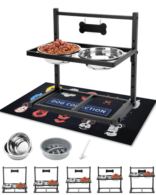 Elevated Dog Bowls with Slow Feeder,Adjusable Height Raised Dog Bowl Stand with 2 Stainless Steel 1200ML Dog Food Bowls, Dog Bowls with Mat for Small Medium Large Dogs and Cats
