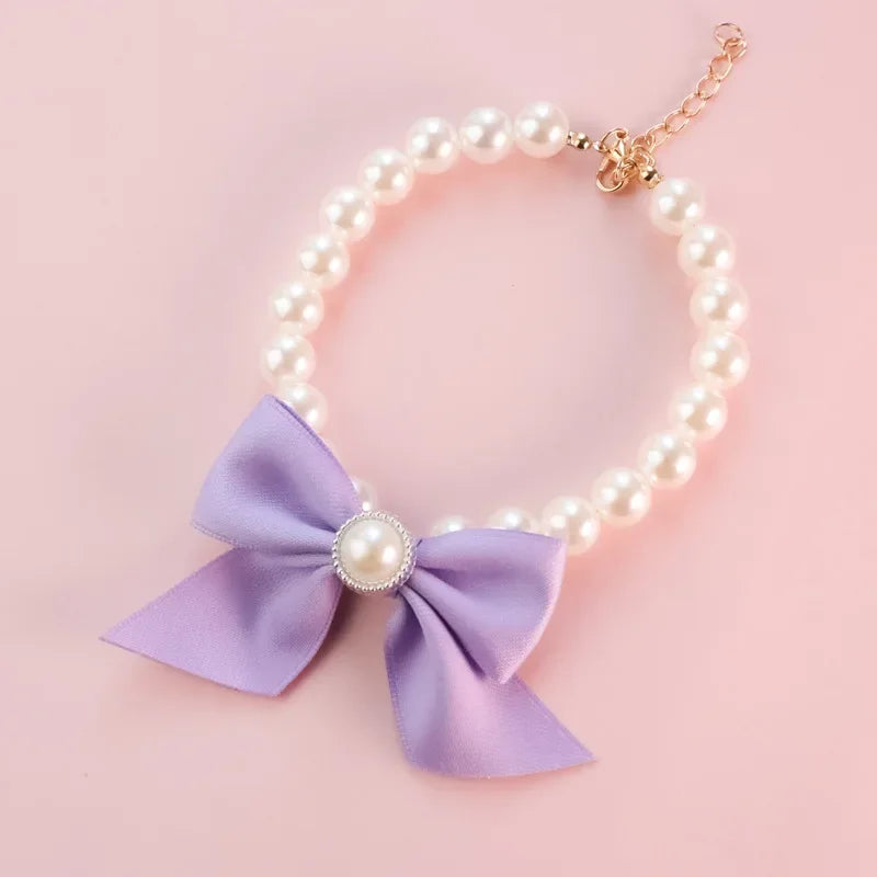 Luxurious Pet Pearl Bow Necklace Dog Collar Little Cat Bell Necklace Vintage Jewelry Pearl Lady Bow Dog Collar Cat Accessories