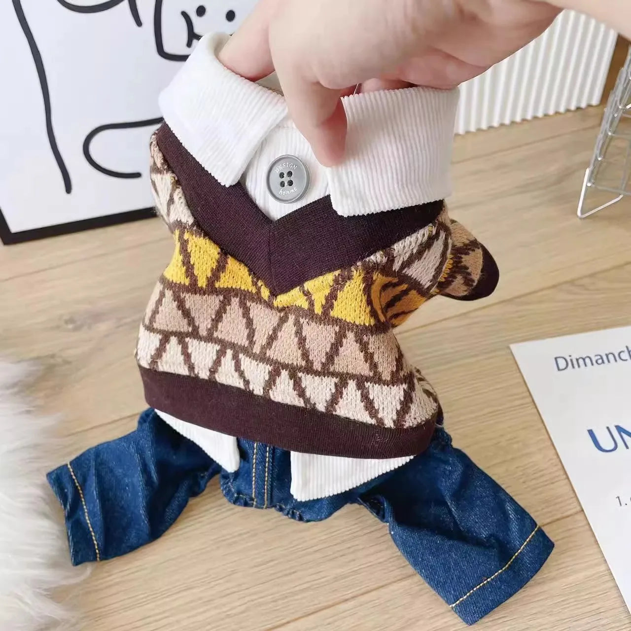 Knit Sweater Vest Costumes For Dogs With White Shirt Denim Pants Overall Small Puppy Animal Jumpsuit Jeans Pet Casual Suit Sets