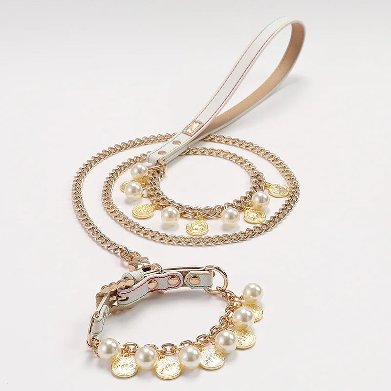 Luxury Pet Collar Pet Leash Delicate Imitation Pearl Dog Pearl Collars PU Leather Dog Metal Leash for Small Dogs Pet Accessories