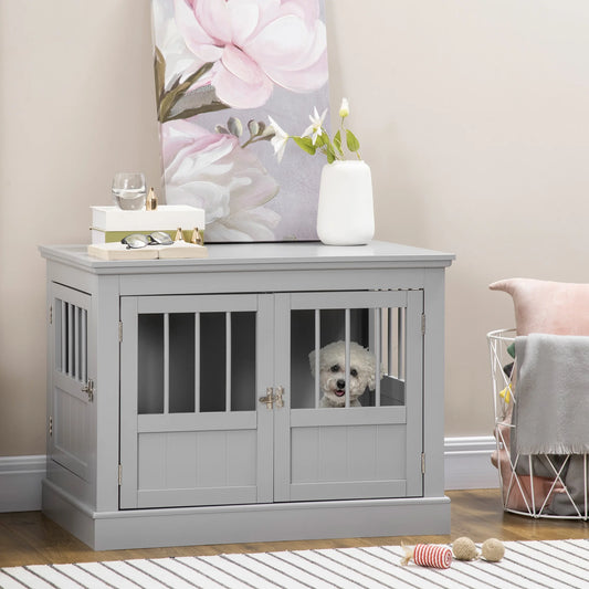 Dog Crate End Table with Triple Doors, Wooden Dog Crate Furniture Indoor Use, Puppy Crate for Small Dogs, Dark Gray