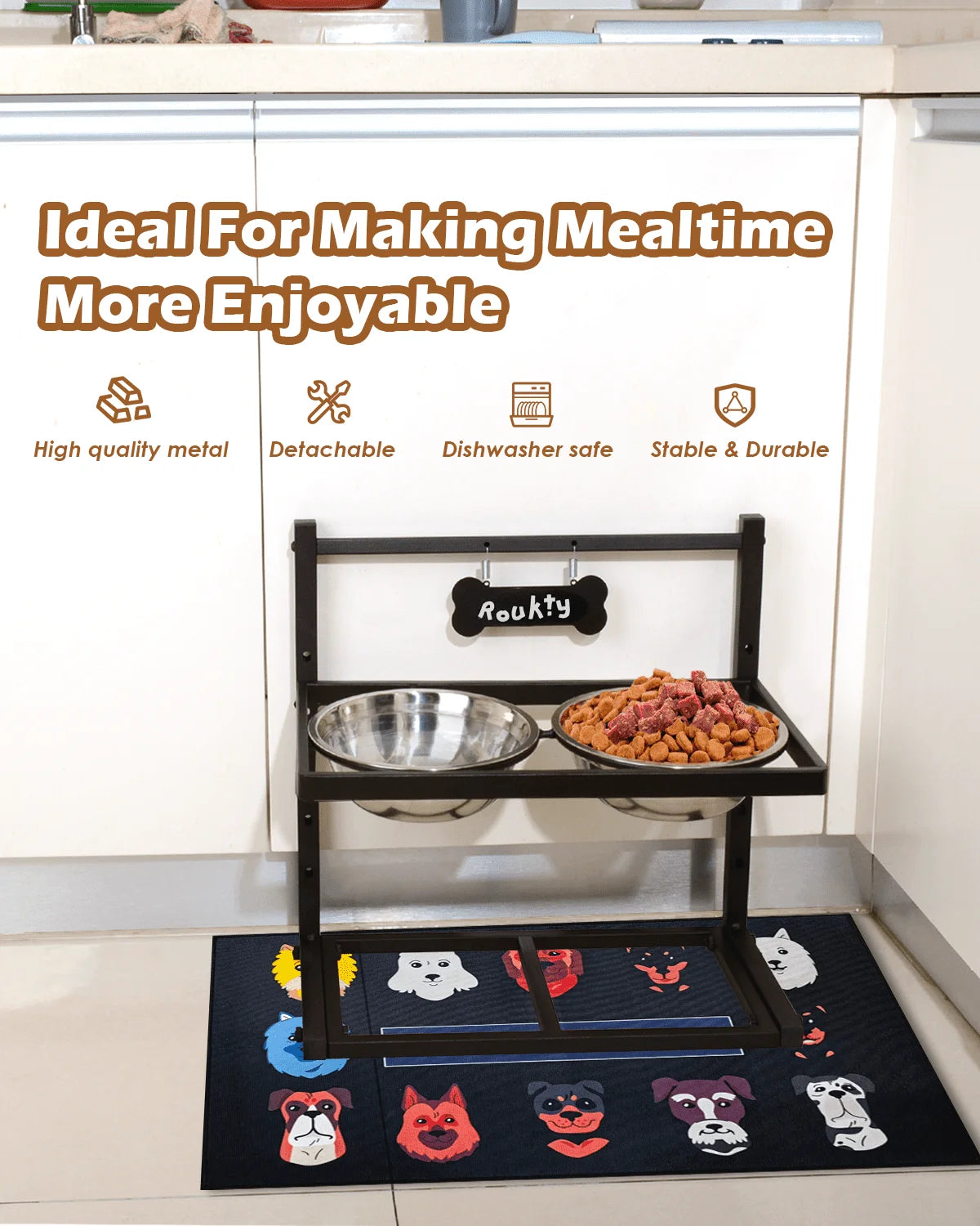 Elevated Dog Bowls with Slow Feeder,Adjusable Height Raised Dog Bowl Stand with 2 Stainless Steel 1200ML Dog Food Bowls, Dog Bowls with Mat for Small Medium Large Dogs and Cats