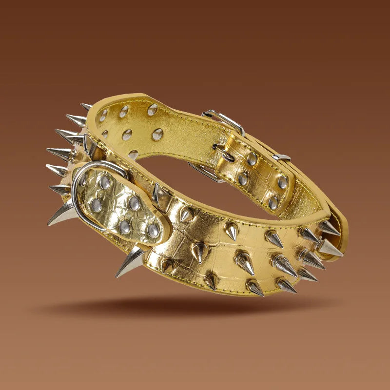 Luxury gold dog collar, handmade leather dog collar, PU leather pet collar, medium to large dog walking leash