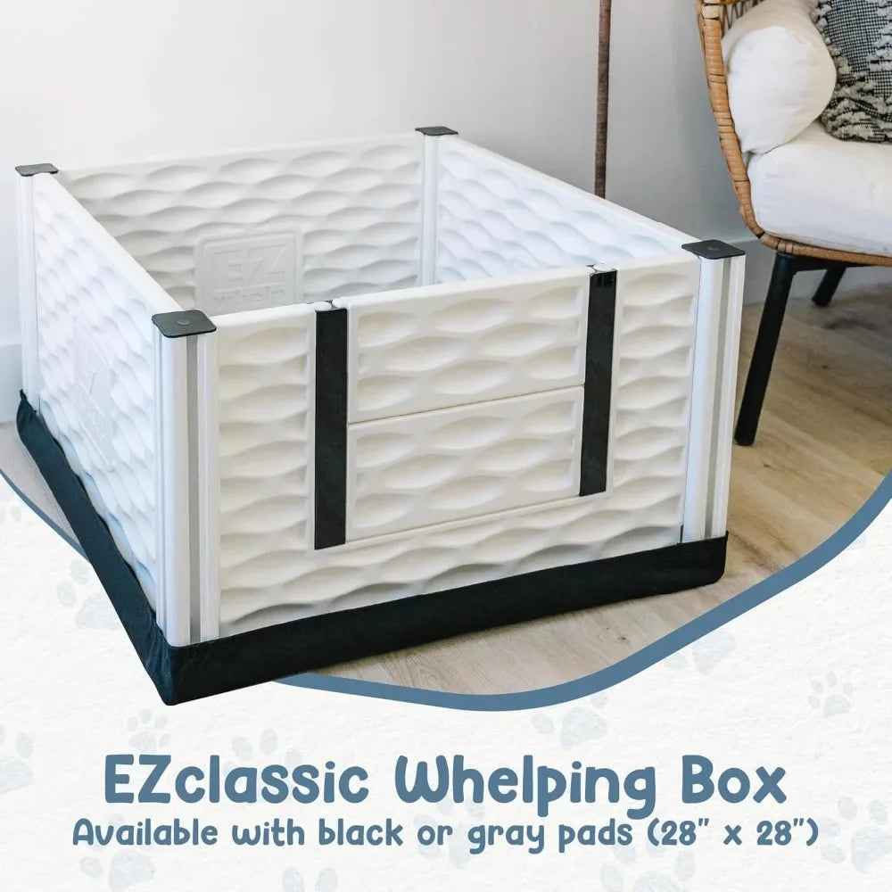 Small Padded Dog Whelping Box with Rails, Puppy Supplies, Black Pad, 28x28x18 Inches