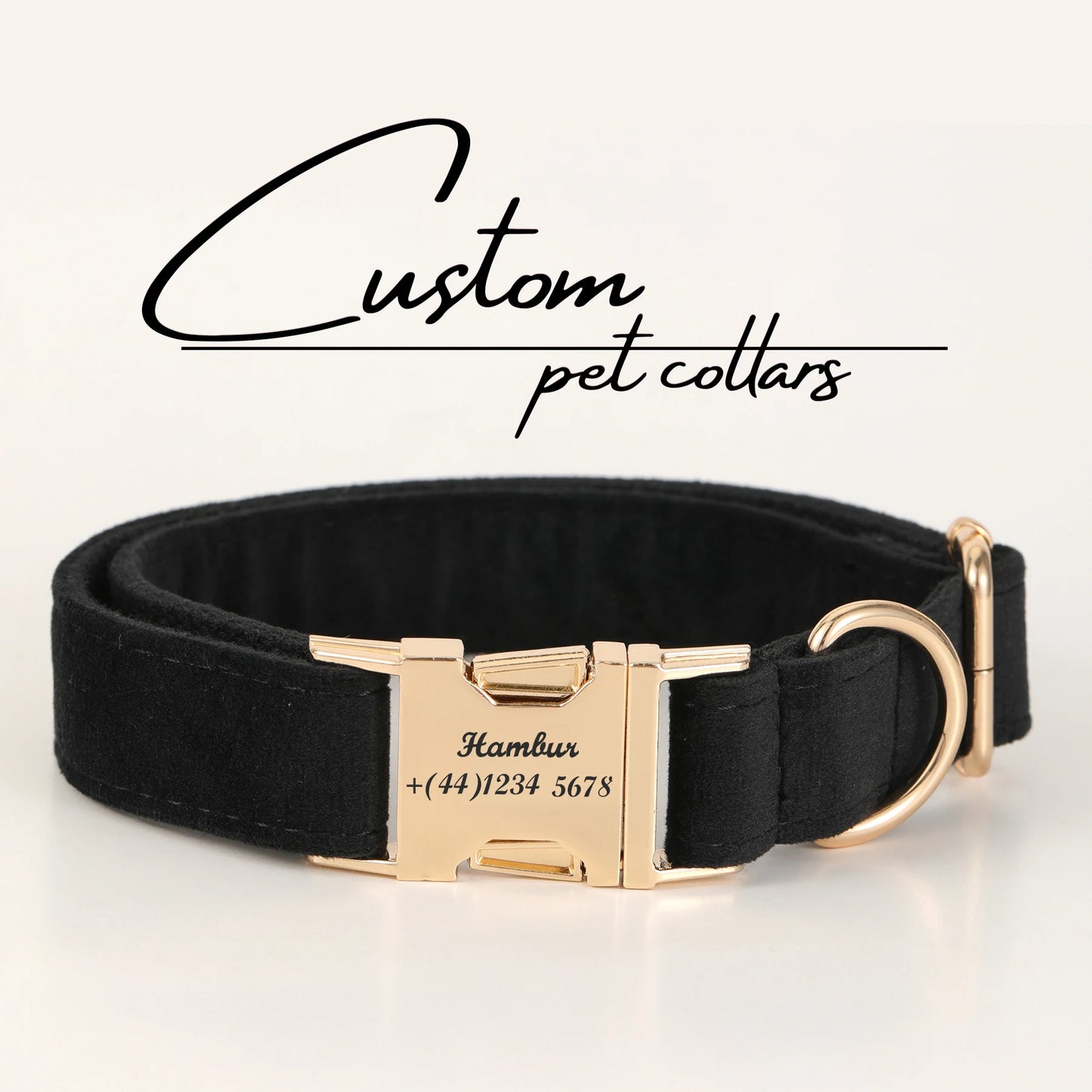 Customcarved Black Thick Velvet Dog Collars Goldplated Metal Luxury Puppy Collars Available in A Variety of Colors