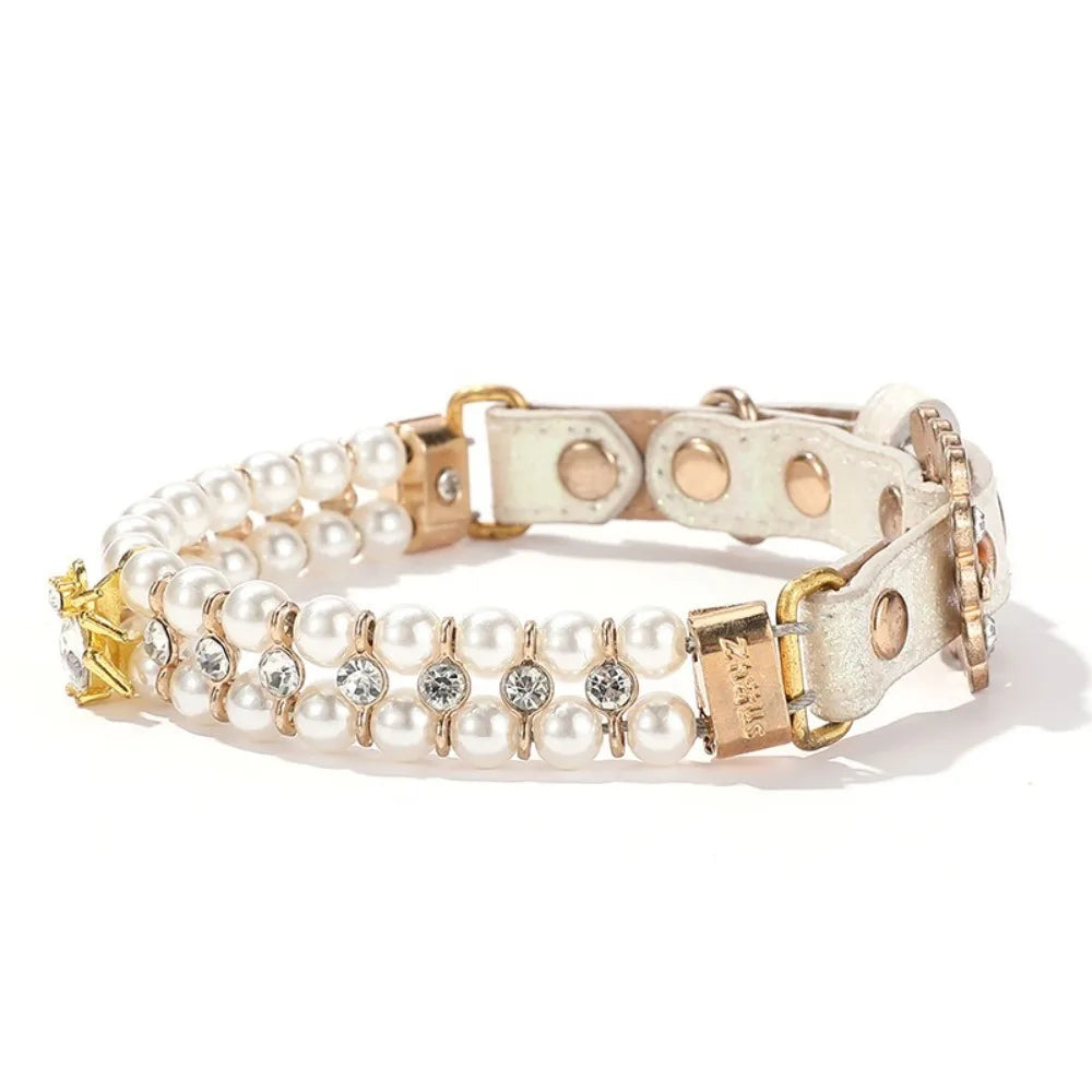 Adjustable Dog Cat Pearl Collars Rhinestone PU Cat Necklace Luxury Jewelry Artificial Pearls Neck Strap for Small Dogs Pet Gift