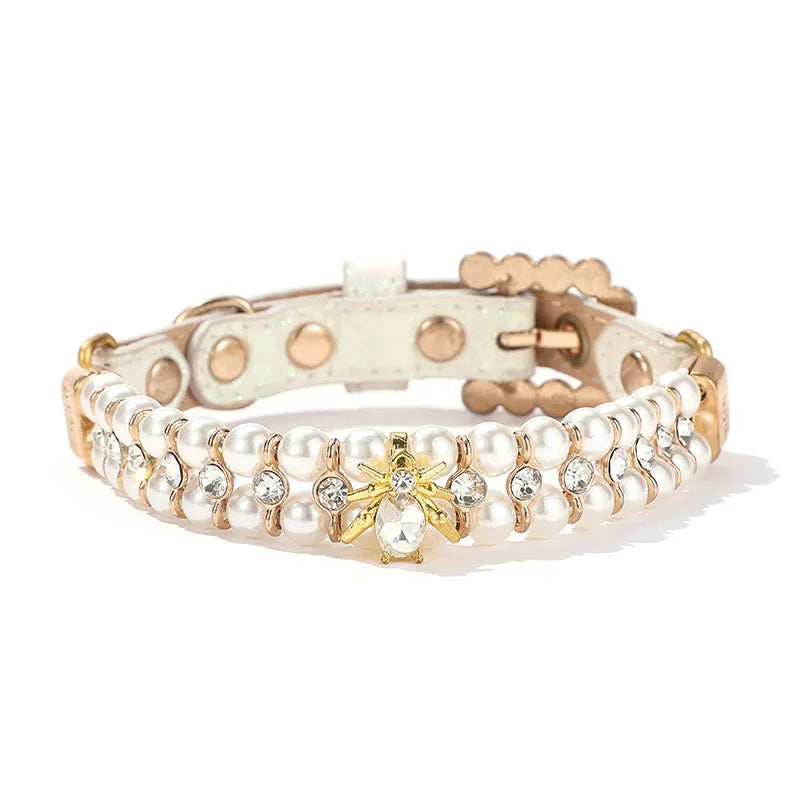 Pet Cat Pearl Collars with Luxury Crystal Rhinestone Diamond, Adjustable PU Leather Collar Necklace for Cats Small Medium Dogs