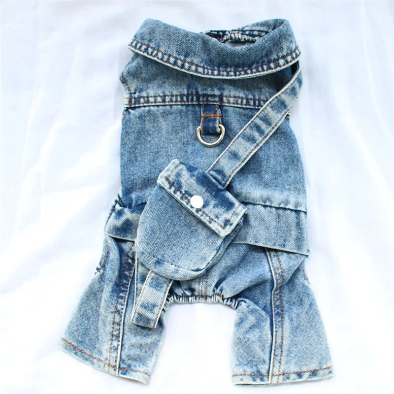 2024 New Design Small Dog Overalls Durable Jeans Pants Outfits with Snack Backpack Puppy Denim Onesie Apparel for Boy Girl Dogs
