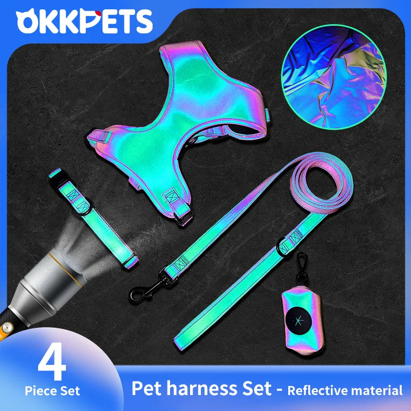 Reflective & Iridescent Dog Harness And Leash 4 piece Set