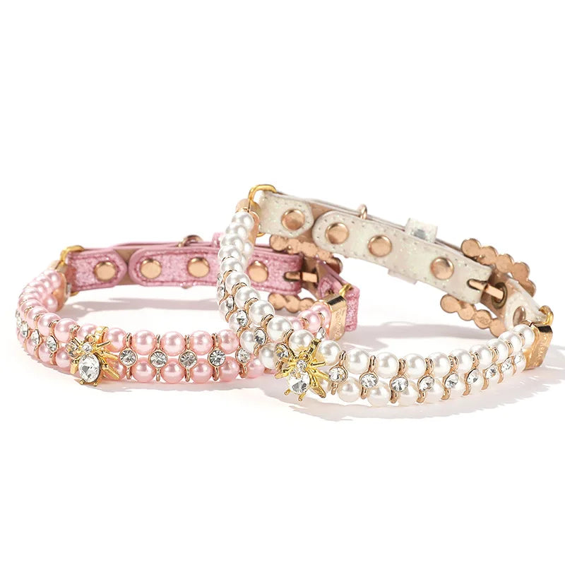 Pet Cat Pearl Collars with Luxury Crystal Rhinestone Diamond, Adjustable PU Leather Collar Necklace for Cats Small Medium Dogs