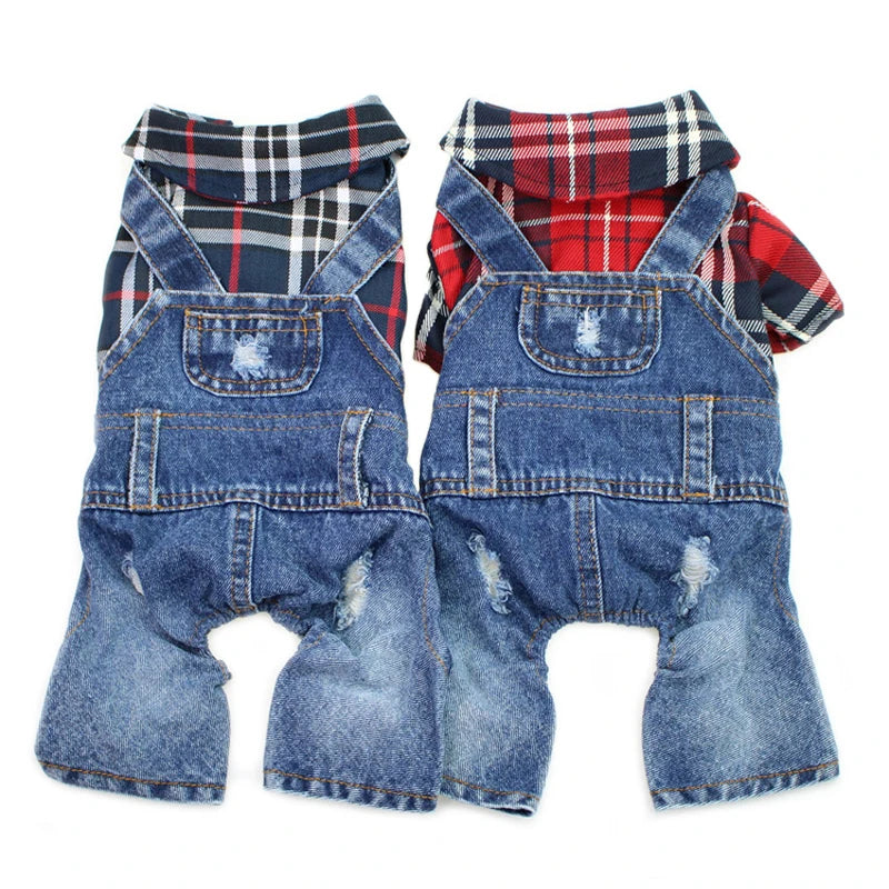 Dog Denim Jumpsuit Spring Overalls for Dogs, Plaid Shirts Jeans Pants Suit One-piece Small Dogs Clothes Yorkie Pet Apparel