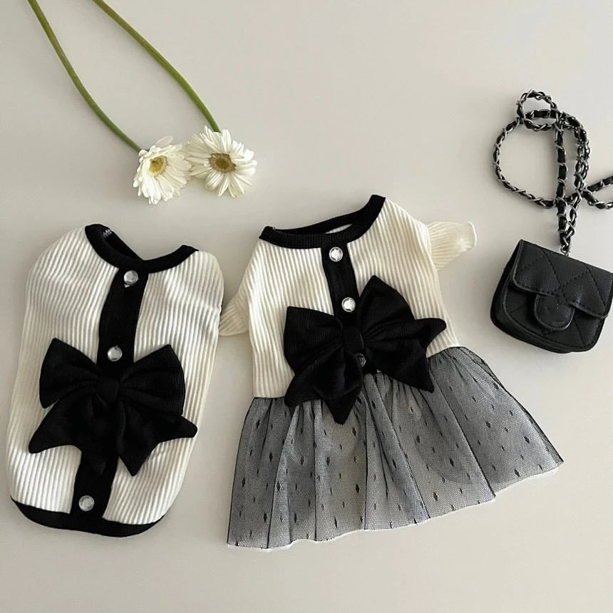 Luxury Bow & Lace Dog Dress for Small Dogs |Black White