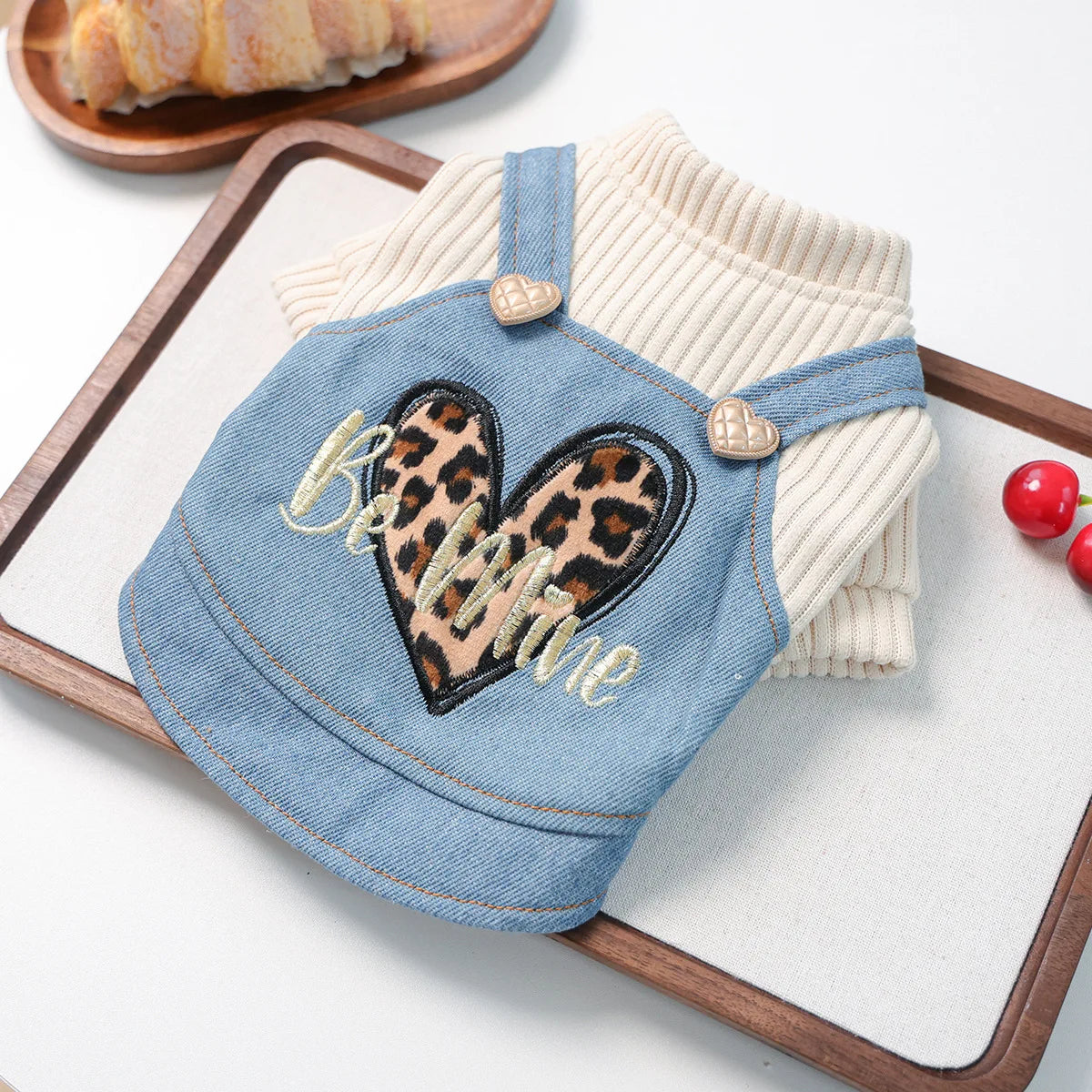 Warm Luxury Leopard heart Knitted Shirt With Denim Dress | Small Dog