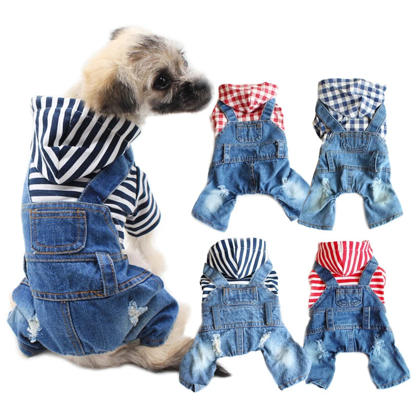Dog Denim Jumpsuit Spring Overalls for Dogs, Plaid Shirts Jeans Pants Suit One-piece Small Dogs Clothes Yorkie Pet Apparel