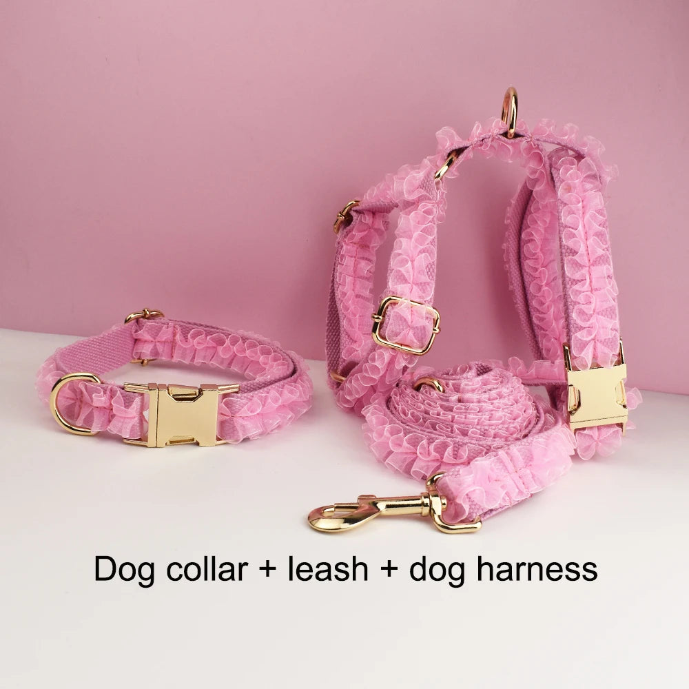 Luxury Lace Dog Collar with Custom Engraved Nameplate Personalized Pet Wedding Harness Accessory for Dogs