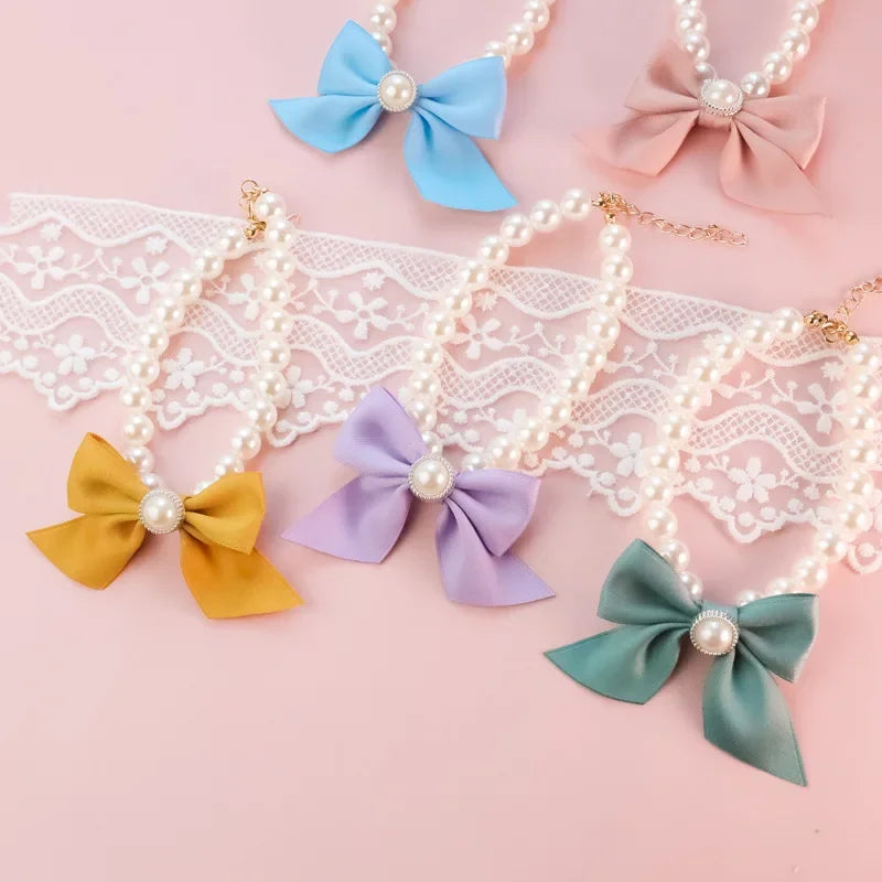 Luxurious Pet Pearl Bow Necklace Dog Collar Little Cat Bell Necklace Vintage Jewelry Pearl Lady Bow Dog Collar Cat Accessories