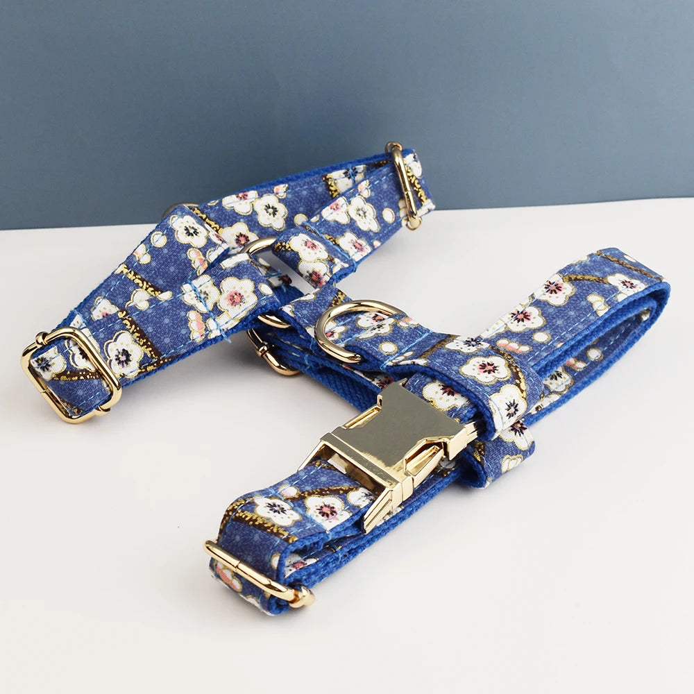 Luxury Personalized engravable dog collar Harness Leash Set Soft Cotton Floral Design Custom Bow Accessory for Dogs 02