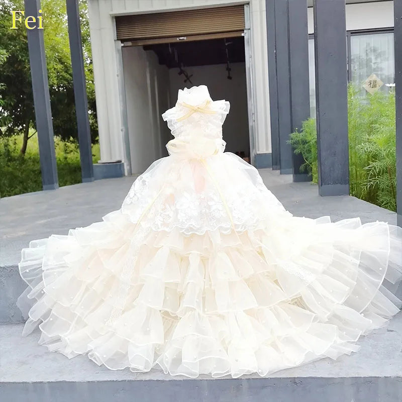 Luxury Pearl Bow Long Tail Dress 
Pet Clothes Photography Dress Fashion