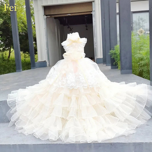 Luxury Pearl Bow Long Tail Dress 
Pet Clothes Photography Dress Fashion