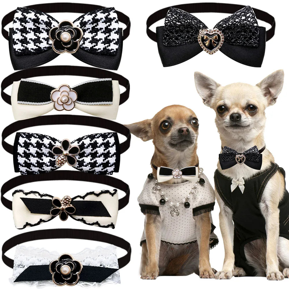 5PCS Adjustable Luxury Dog Bowties Balck Style Dog Bow Ties Collars With Pearl Pet Puppy Bowknots Grooming Supplies For Dogs